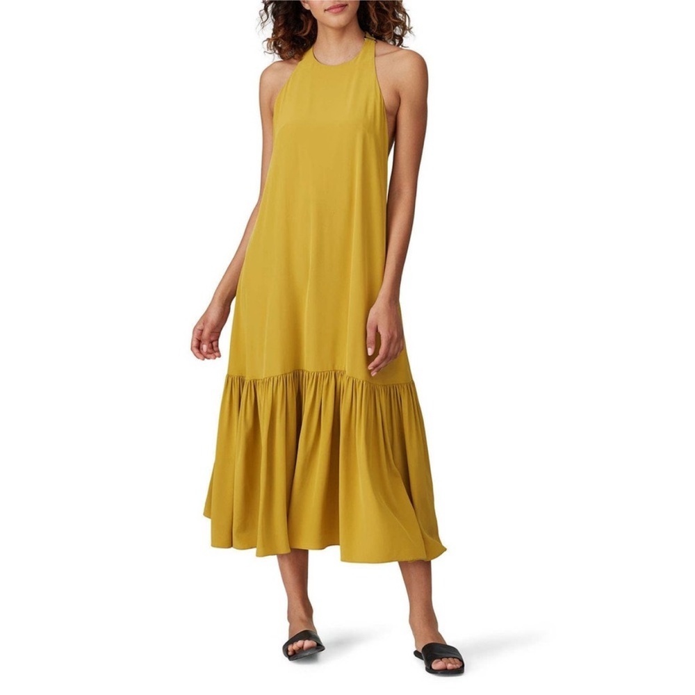 Tibi Eco Silk Tiered Sleeveless Halter Neck Swing Midi Shift Dress Yellow Sz 2